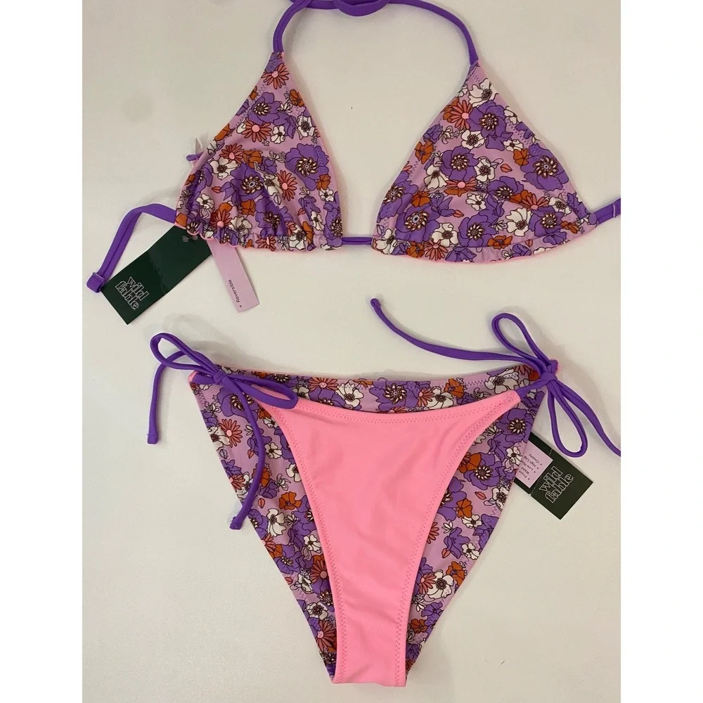 Wild Fable Reversible Floral Bikini Set XS Purple Pink Triangle Top Tie Bottoms